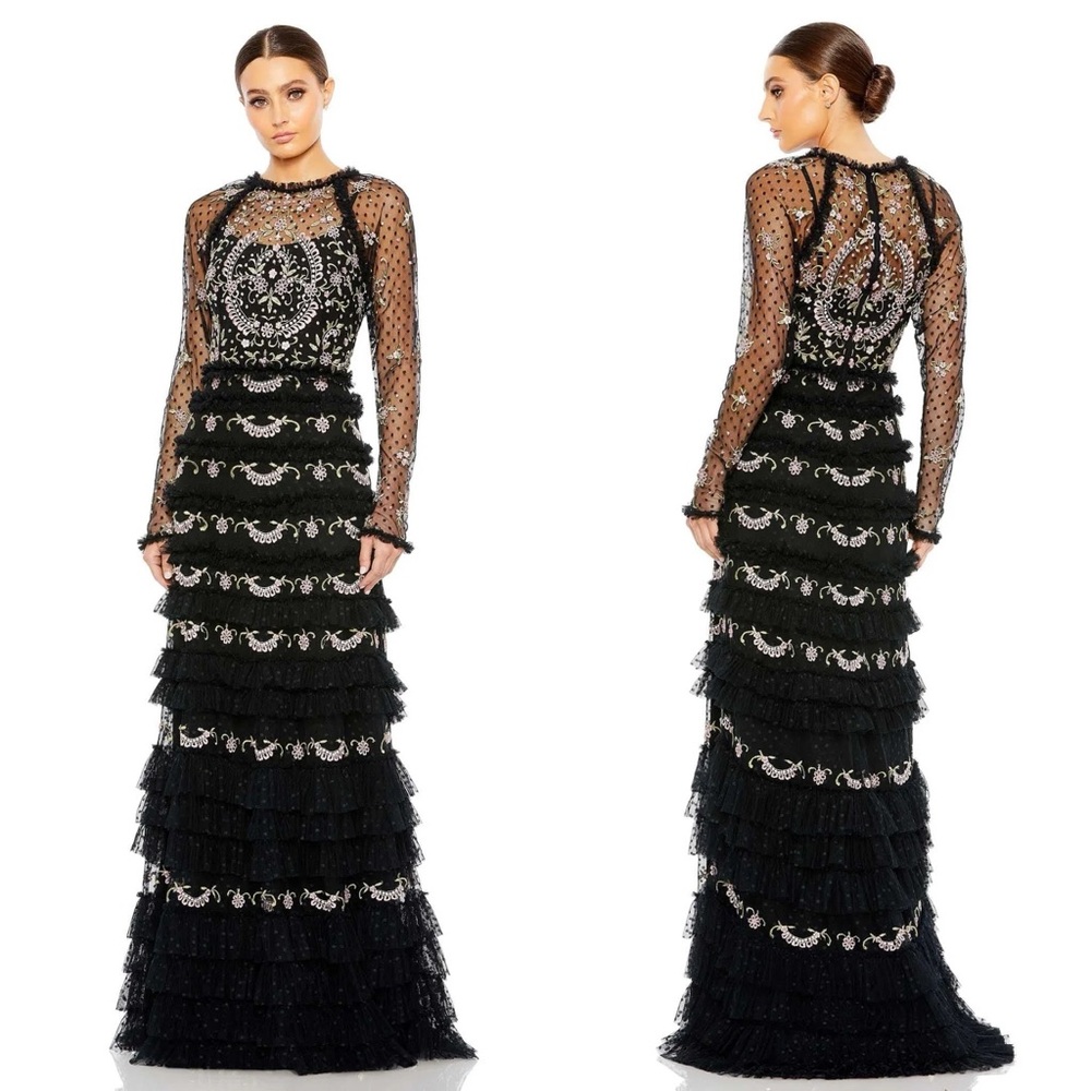 NWT 8030 Mac Duggal Embroidered Sheer Tulle Ruffle Dot Maxi Gown